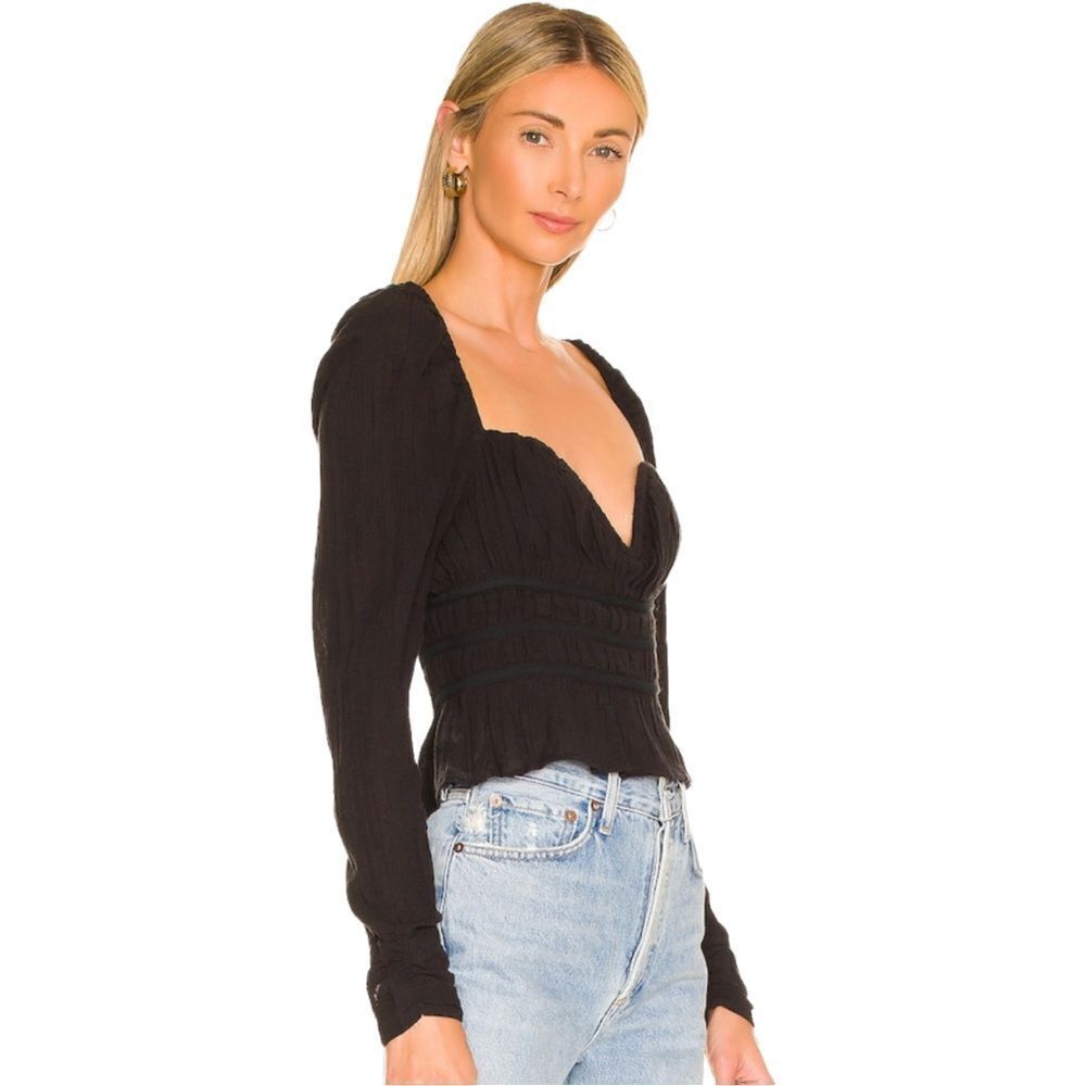 New Free People Chloe Black Smocked Sweetheart Neckline Top Size XS